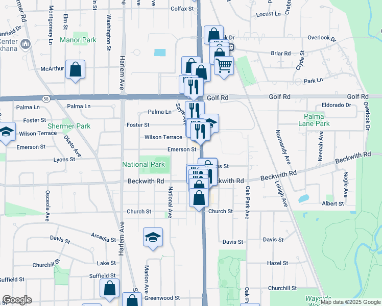 map of restaurants, bars, coffee shops, grocery stores, and more near 9328 Sayre Avenue in Morton Grove