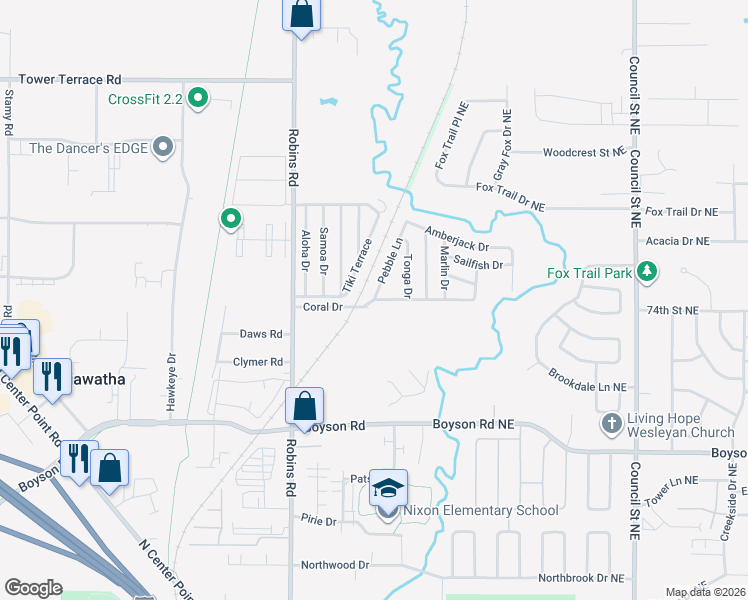 map of restaurants, bars, coffee shops, grocery stores, and more near Coral Drive in Hiawatha