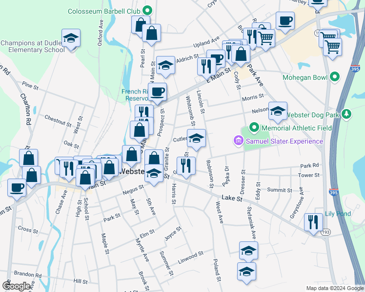 map of restaurants, bars, coffee shops, grocery stores, and more near 29 Goddard Street in Webster
