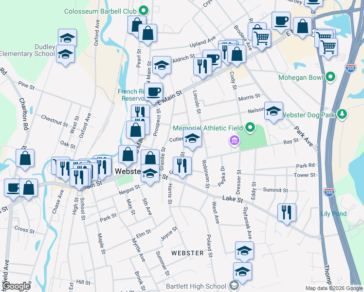 map of restaurants, bars, coffee shops, grocery stores, and more near 29 Goddard Street in Webster