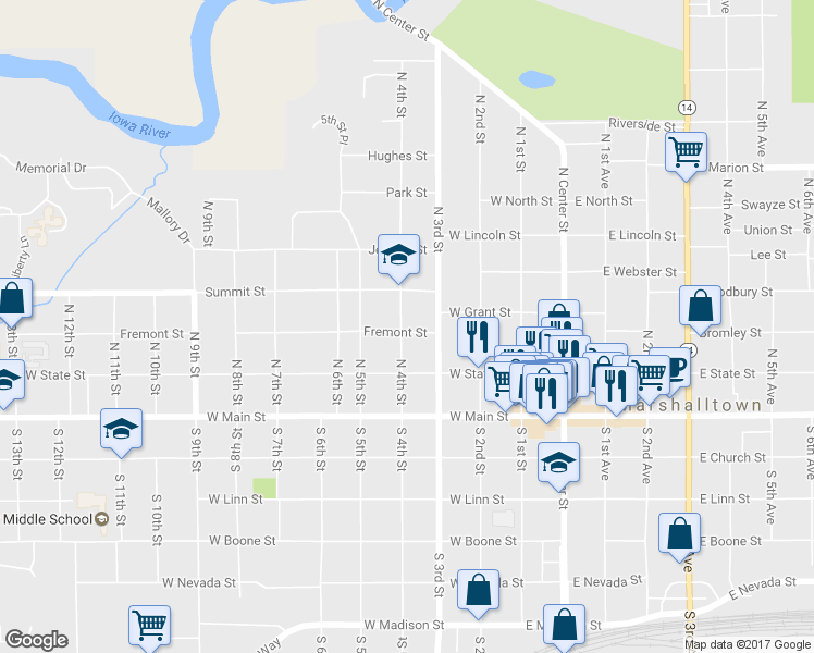 map of restaurants, bars, coffee shops, grocery stores, and more near 201 North 4th Street in Marshalltown