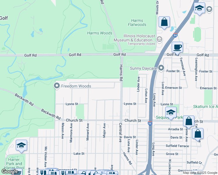 map of restaurants, bars, coffee shops, grocery stores, and more near 5634 Capri Lane in Morton Grove