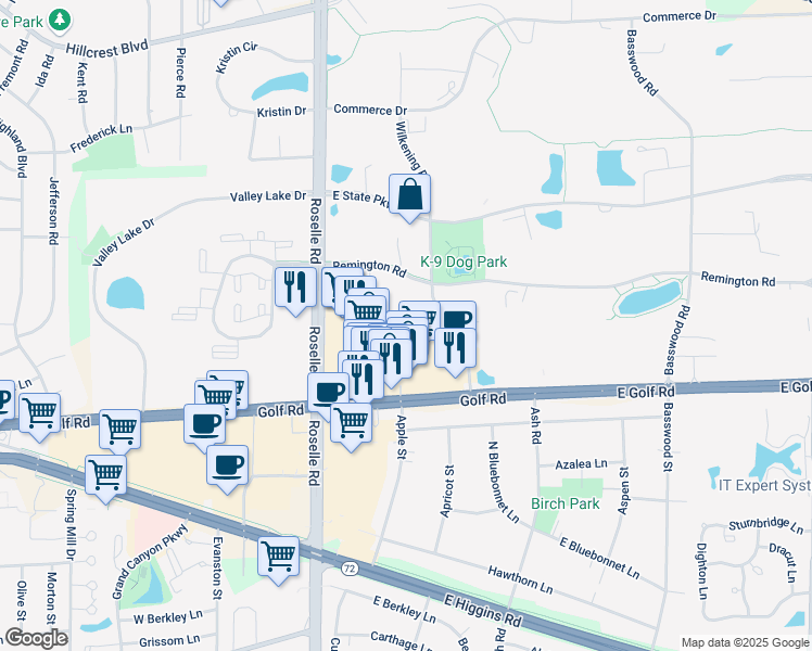 map of restaurants, bars, coffee shops, grocery stores, and more near 1270 Wilkening Road in Schaumburg
