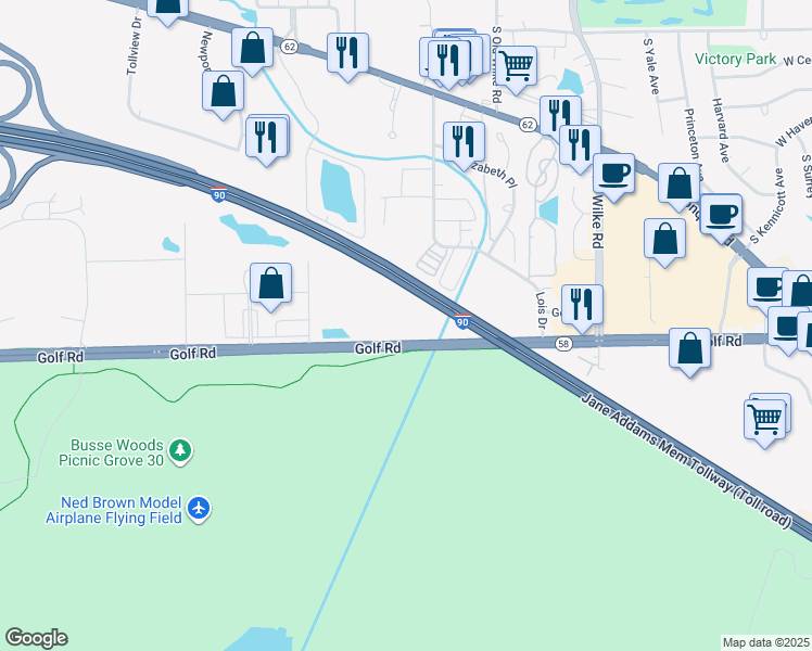 map of restaurants, bars, coffee shops, grocery stores, and more near 2400 Golf Road in Rolling Meadows