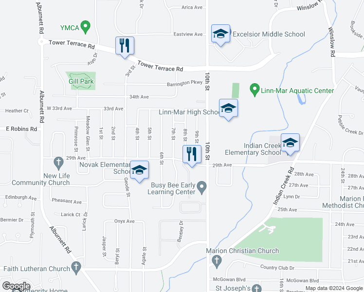 map of restaurants, bars, coffee shops, grocery stores, and more near 3115 7th Street in Marion