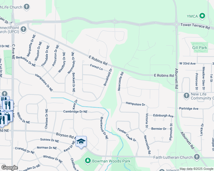 map of restaurants, bars, coffee shops, grocery stores, and more near 3037 Brookfield Drive in Marion
