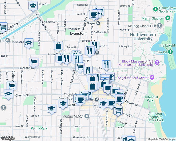 map of restaurants, bars, coffee shops, grocery stores, and more near in Evanston