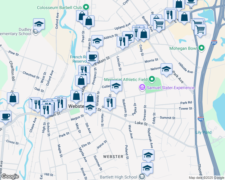 map of restaurants, bars, coffee shops, grocery stores, and more near 21 Cutler Street in Webster