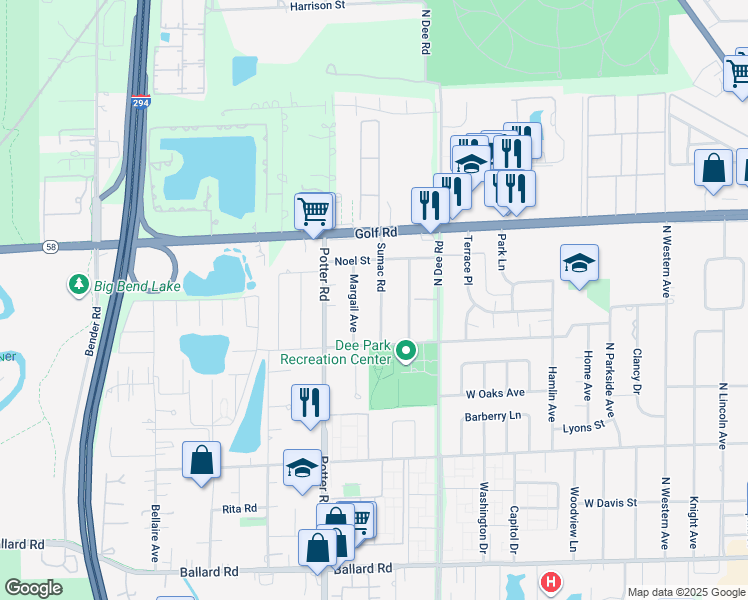 map of restaurants, bars, coffee shops, grocery stores, and more near 9436 Sumac Road in Des Plaines