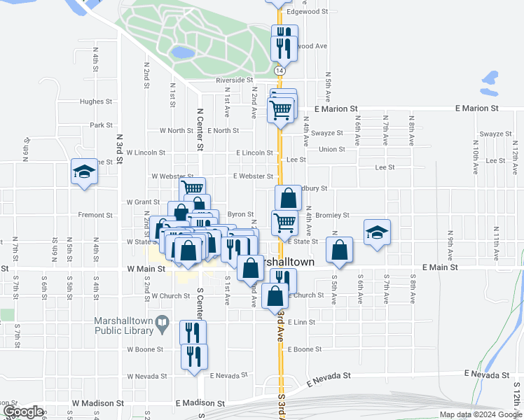 map of restaurants, bars, coffee shops, grocery stores, and more near 210 North 3rd Avenue in Marshalltown