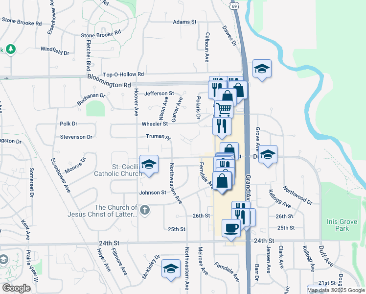 map of restaurants, bars, coffee shops, grocery stores, and more near 3020 Regency Court in Ames