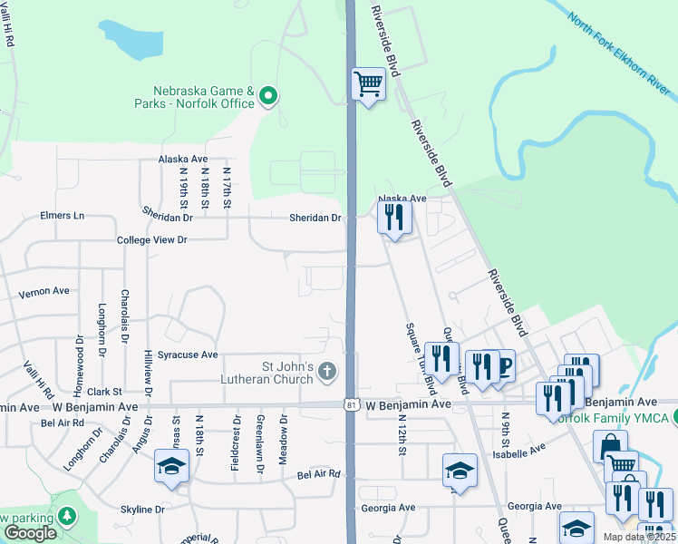 map of restaurants, bars, coffee shops, grocery stores, and more near 1700 North 13th Street in Norfolk