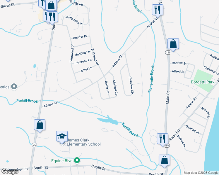 map of restaurants, bars, coffee shops, grocery stores, and more near 151 Mallard Circle in Agawam