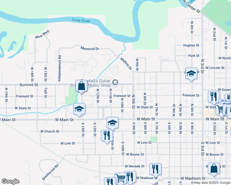 map of restaurants, bars, coffee shops, grocery stores, and more near 210 North 10th Street in Marshalltown
