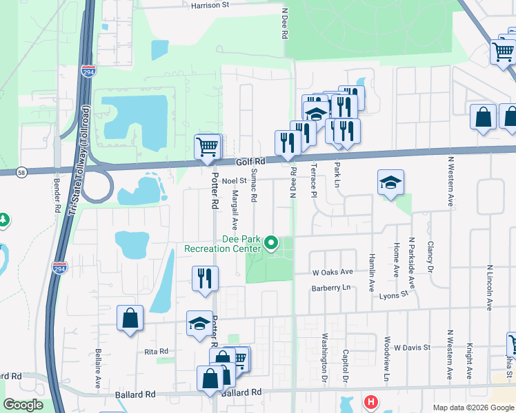 map of restaurants, bars, coffee shops, grocery stores, and more near 9436 Sumac Road in Des Plaines