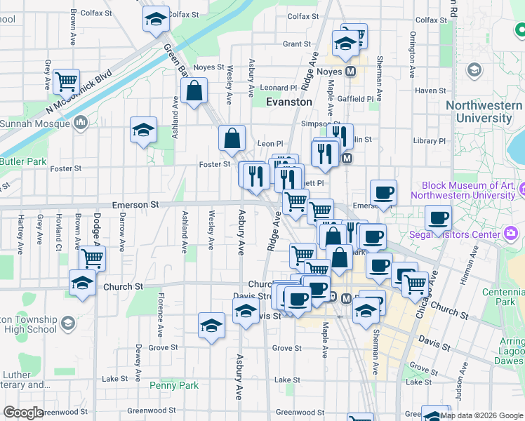 map of restaurants, bars, coffee shops, grocery stores, and more near 1910 Ridge Avenue in Evanston