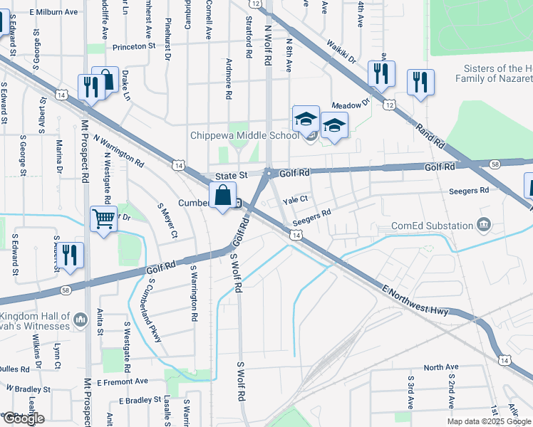 map of restaurants, bars, coffee shops, grocery stores, and more near 76 North Broadway Street in Des Plaines