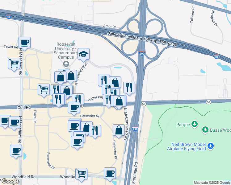 map of restaurants, bars, coffee shops, grocery stores, and more near 1900 East Golf Road in Schaumburg