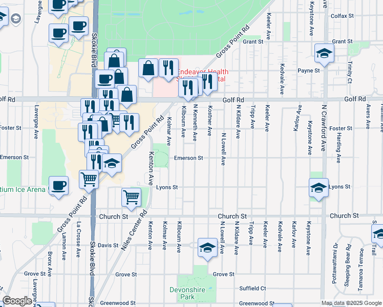 map of restaurants, bars, coffee shops, grocery stores, and more near 9429 Kenneth Avenue in Skokie