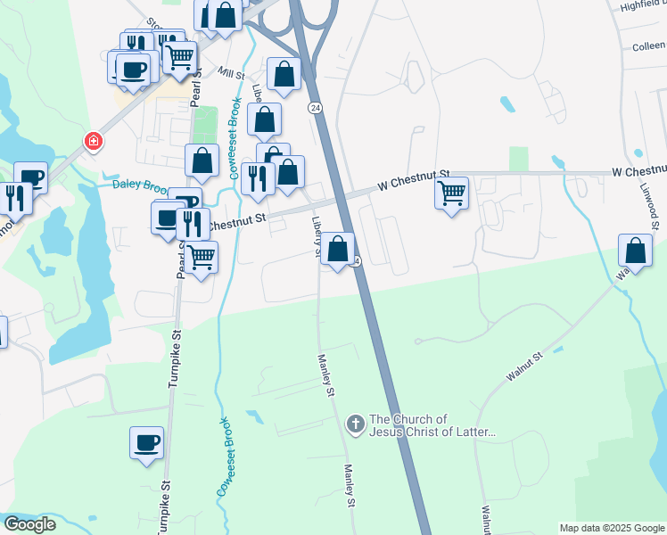 map of restaurants, bars, coffee shops, grocery stores, and more near 244 Liberty Street in Brockton