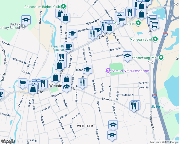 map of restaurants, bars, coffee shops, grocery stores, and more near 40 Lincoln Street in Webster