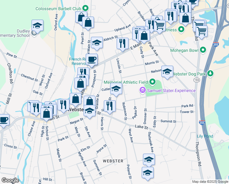 map of restaurants, bars, coffee shops, grocery stores, and more near 40 Lincoln Street in Webster