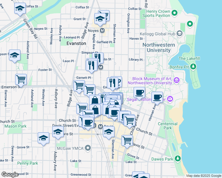 map of restaurants, bars, coffee shops, grocery stores, and more near 815 Emerson Street in Evanston