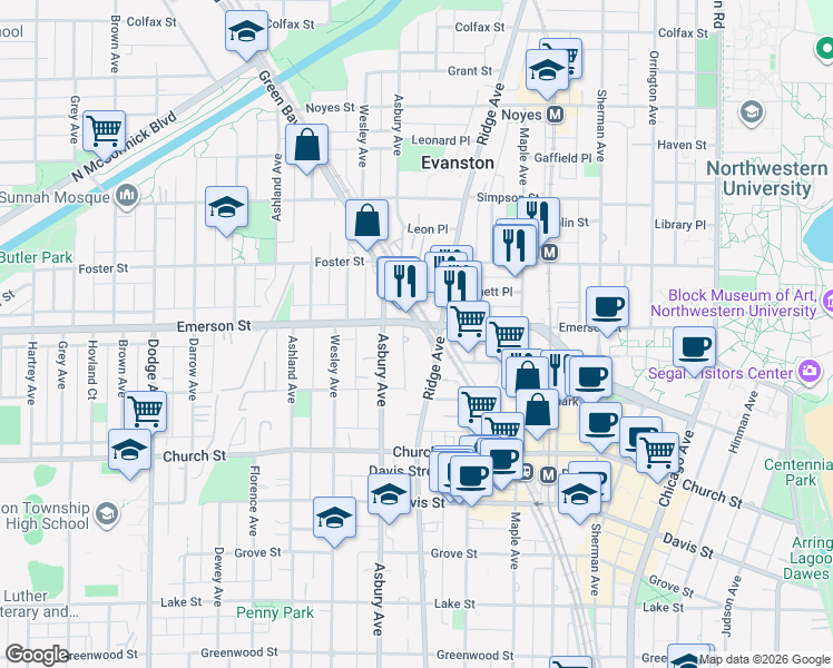 map of restaurants, bars, coffee shops, grocery stores, and more near 1910 Ridge Avenue in Evanston