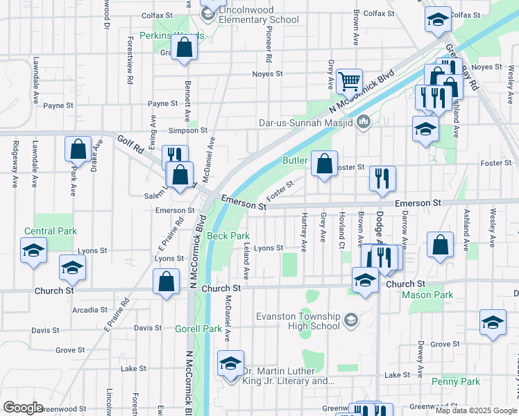 map of restaurants, bars, coffee shops, grocery stores, and more near 2333 Foster Street in Evanston