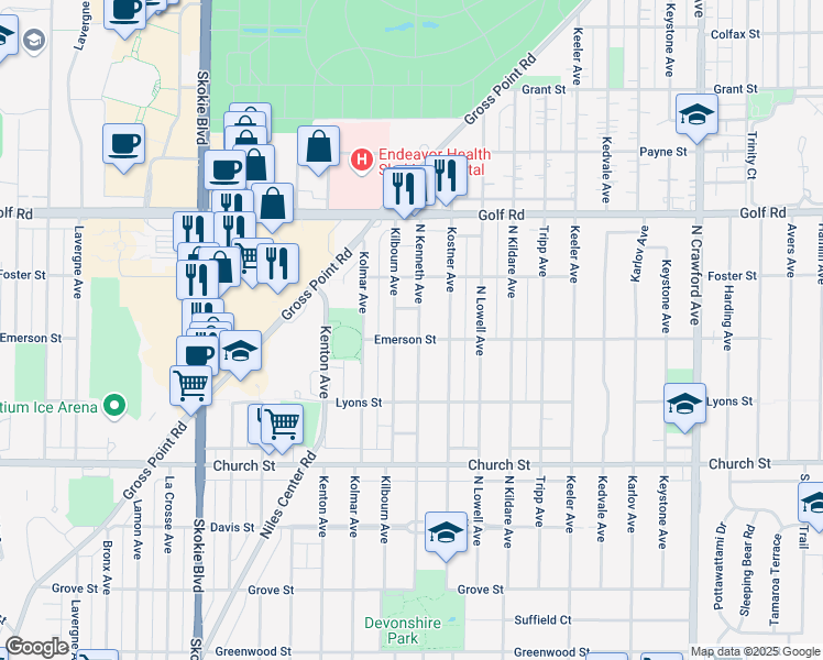 map of restaurants, bars, coffee shops, grocery stores, and more near 9429 Kenneth Avenue in Skokie