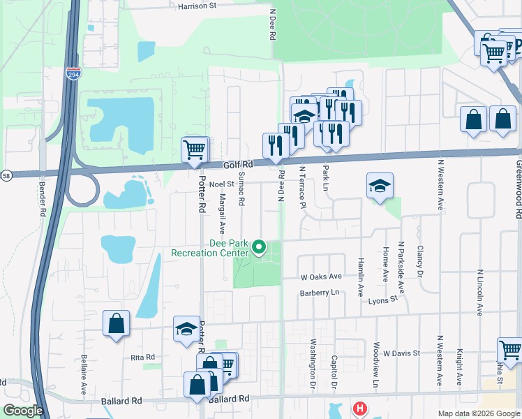 map of restaurants, bars, coffee shops, grocery stores, and more near 9515 Sumac Road in Des Plaines