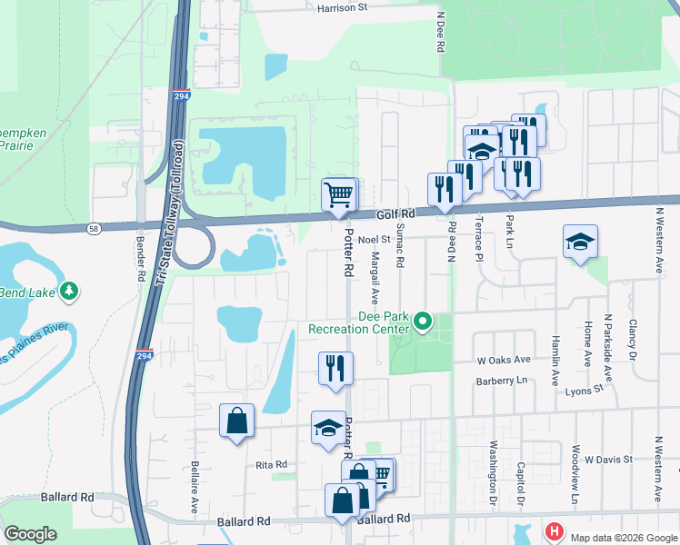 map of restaurants, bars, coffee shops, grocery stores, and more near 9453 Noel Street in Des Plaines