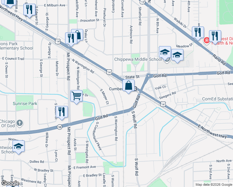 map of restaurants, bars, coffee shops, grocery stores, and more near 9 North Warrington Road in Des Plaines