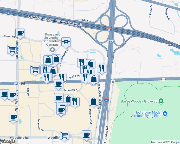map of restaurants, bars, coffee shops, grocery stores, and more near 1900 East Golf Road in Schaumburg