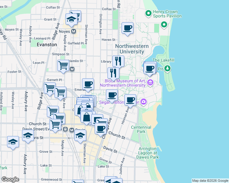 map of restaurants, bars, coffee shops, grocery stores, and more near 600 Emerson Street in Evanston