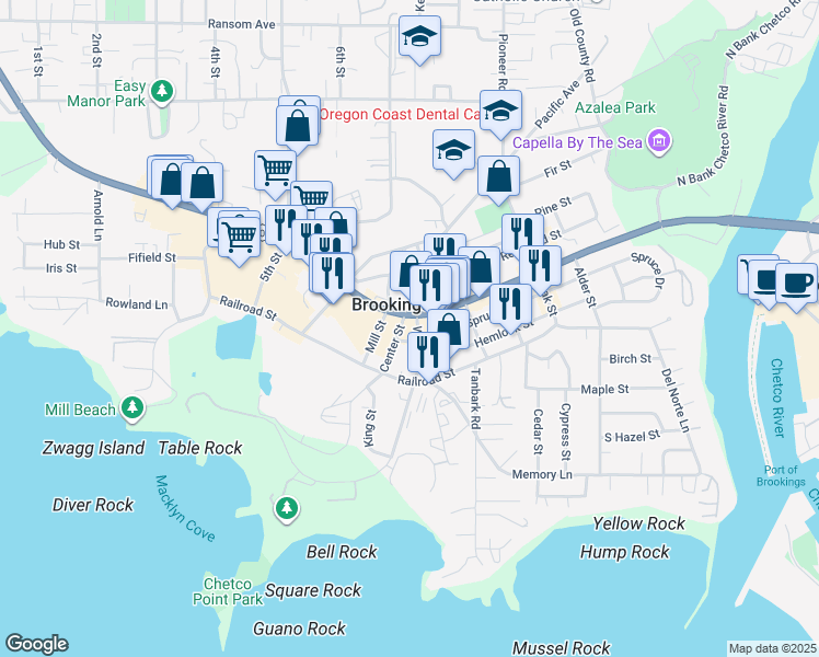 map of restaurants, bars, coffee shops, grocery stores, and more near 703 Chetco Avenue in Brookings