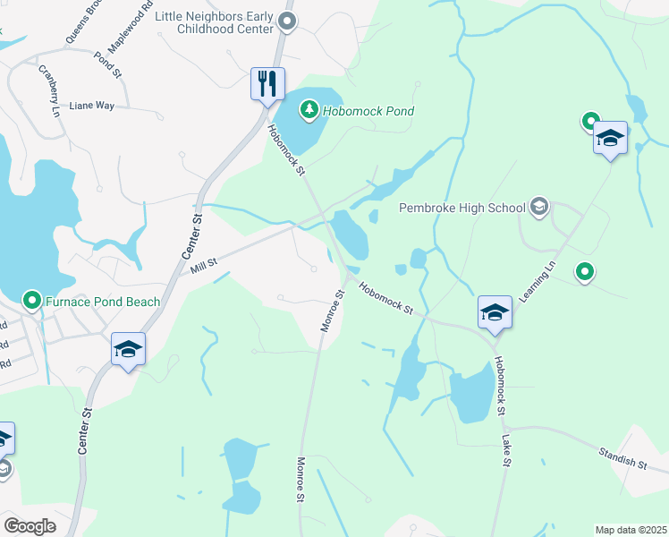 map of restaurants, bars, coffee shops, grocery stores, and more near 83 Hobomock Street in Pembroke
