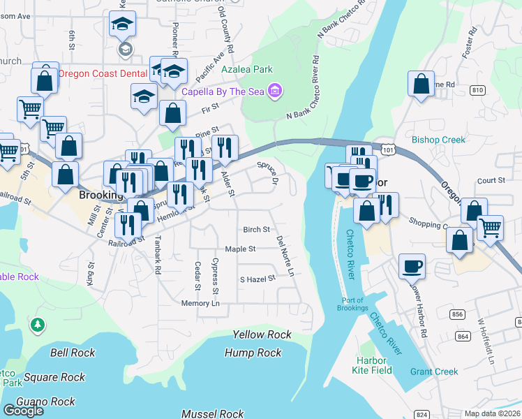 map of restaurants, bars, coffee shops, grocery stores, and more near 325 Railroad Street in Brookings