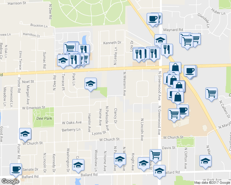 map of restaurants, bars, coffee shops, grocery stores, and more near 8800 Kathy Ln in Des Plaines