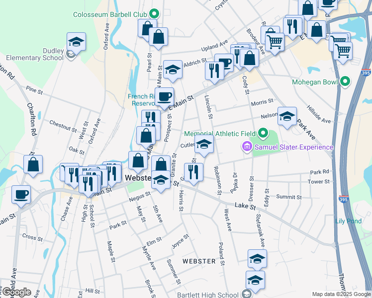 map of restaurants, bars, coffee shops, grocery stores, and more near 21 Cutler Street in Webster