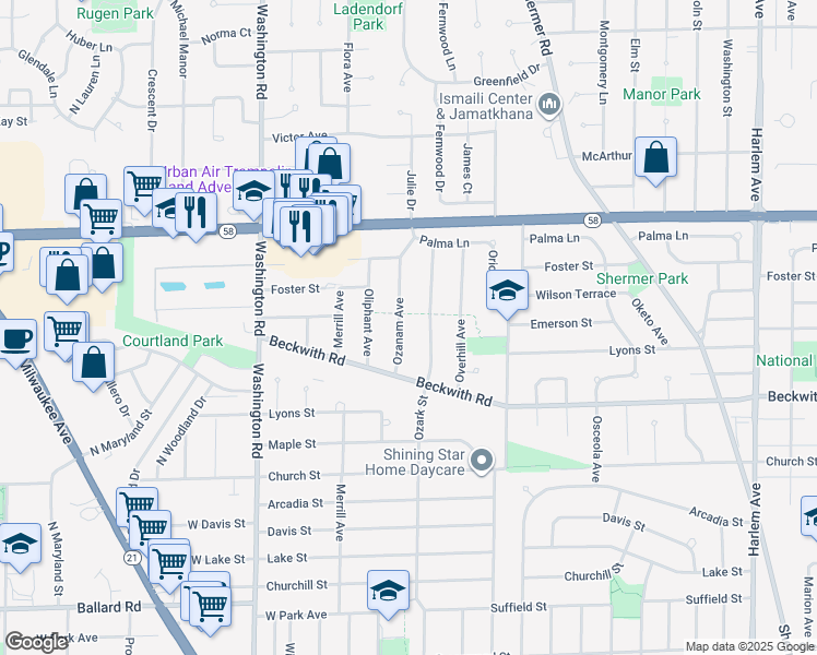 map of restaurants, bars, coffee shops, grocery stores, and more near 9428 Ozanam Avenue in Morton Grove