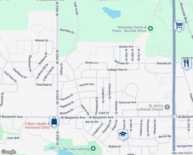map of restaurants, bars, coffee shops, grocery stores, and more near 1693 Homewood Drive in Norfolk