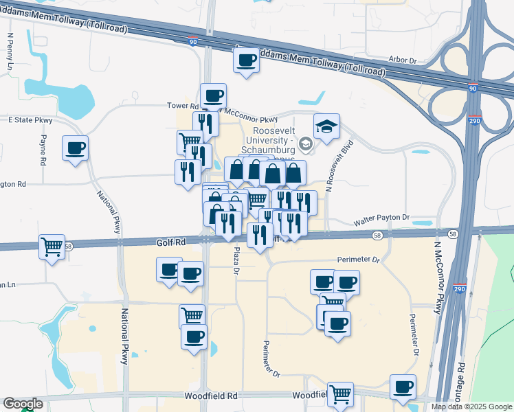 map of restaurants, bars, coffee shops, grocery stores, and more near 1470 Golf Center in Schaumburg