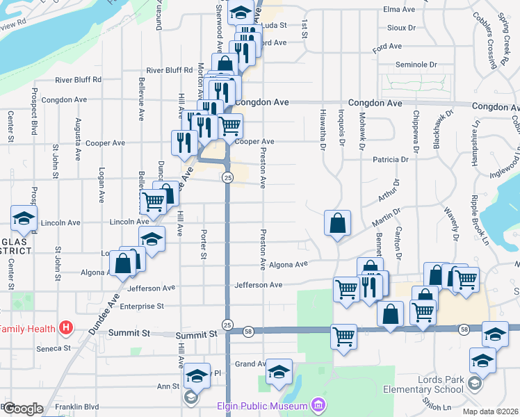 map of restaurants, bars, coffee shops, grocery stores, and more near 647 Chester Avenue in Elgin