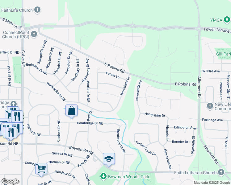 map of restaurants, bars, coffee shops, grocery stores, and more near 1367 Lindenbrook Lane in Marion