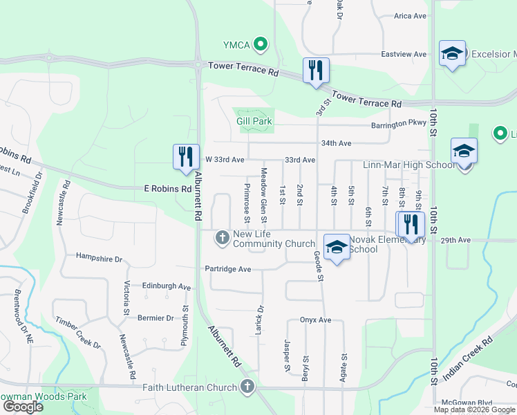 map of restaurants, bars, coffee shops, grocery stores, and more near 3060-3090 Primrose Street in Marion