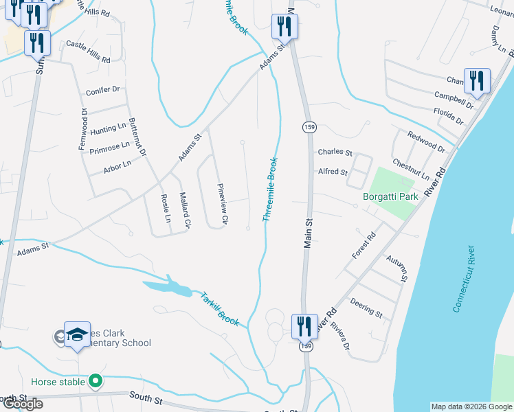 map of restaurants, bars, coffee shops, grocery stores, and more near 71 Cottonwood Lane in Agawam