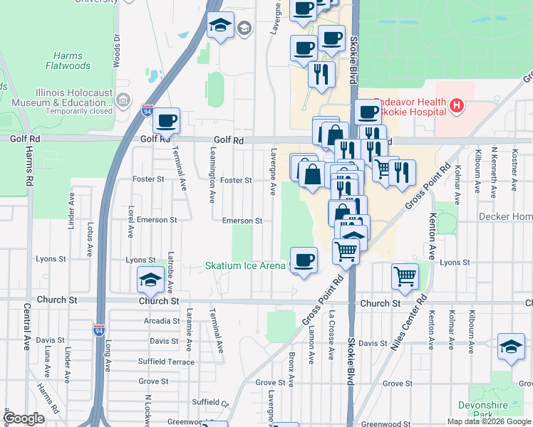map of restaurants, bars, coffee shops, grocery stores, and more near 9429 Lavergne Avenue in Skokie