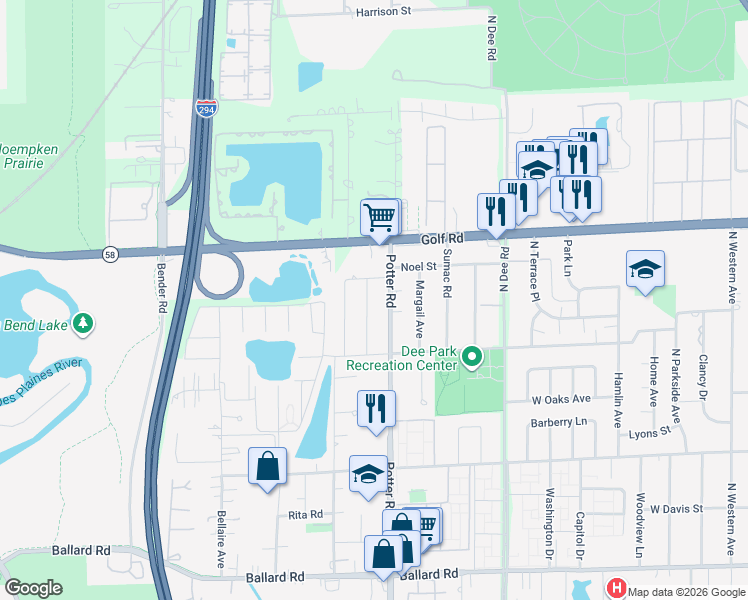 map of restaurants, bars, coffee shops, grocery stores, and more near 9453 Noel Street in Des Plaines