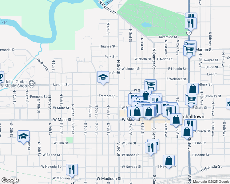 map of restaurants, bars, coffee shops, grocery stores, and more near 201 N 4th St in Marshalltown